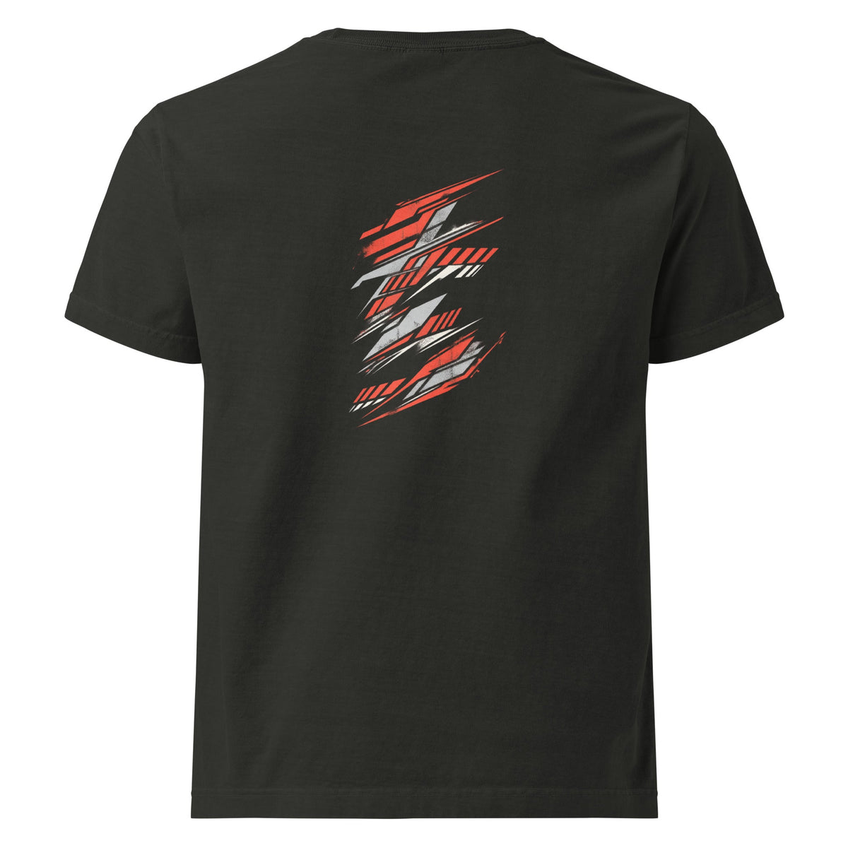 Back view of the Slashline Washed Black Tee with vermilion and silver stripe artwork