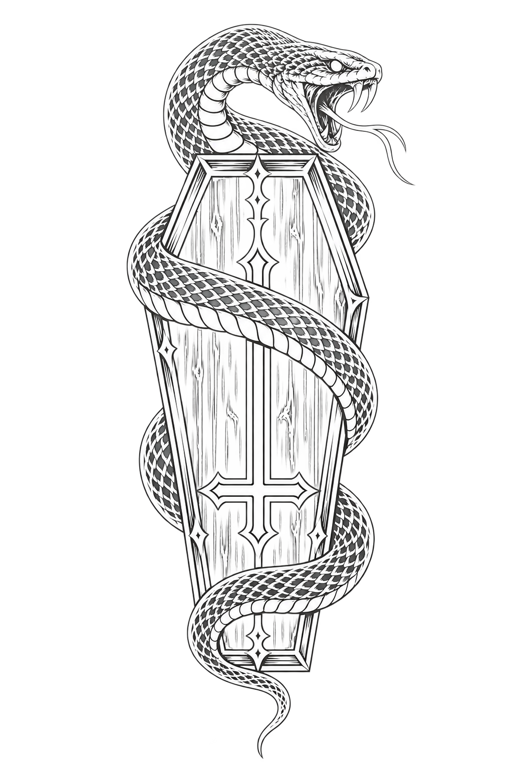 White coffin, coiled snake, and inverted-cross print artwork