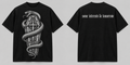 Black Casket Race T-shirt with a large white coffin and snake graphic on the front and 'some interests lie tomorrow' on the back