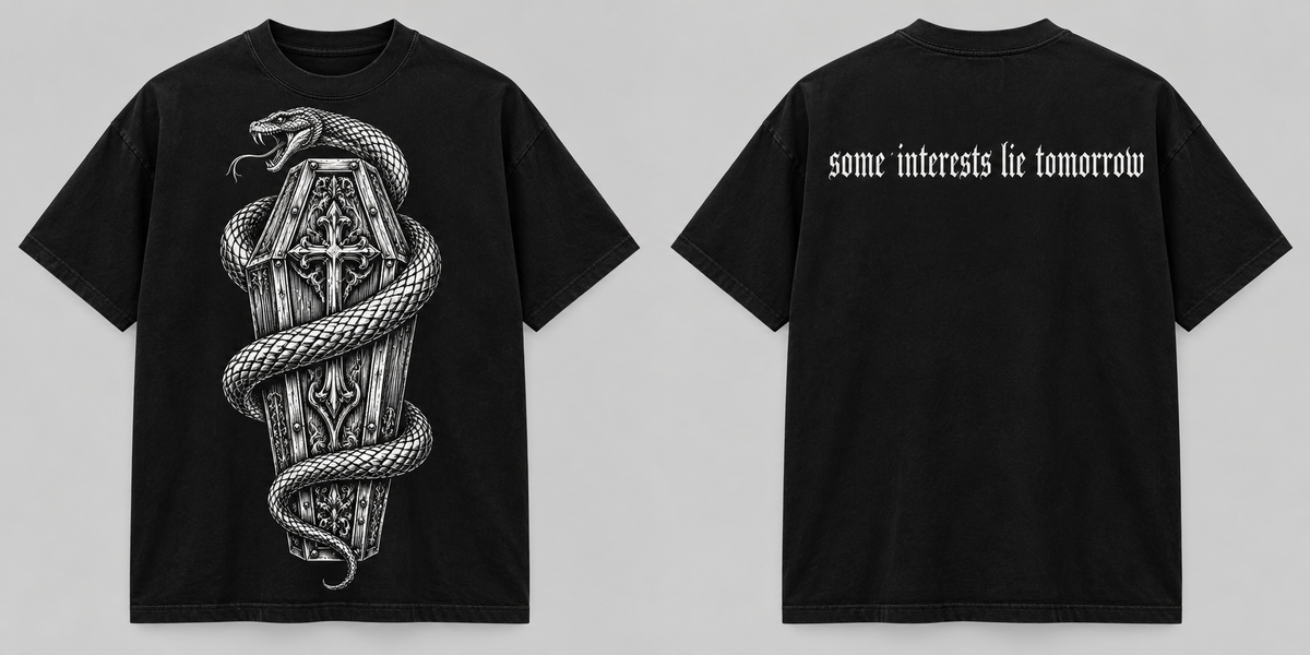 Black Casket Race T-shirt with a large white coffin and snake graphic on the front and 'some interests lie tomorrow' on the back