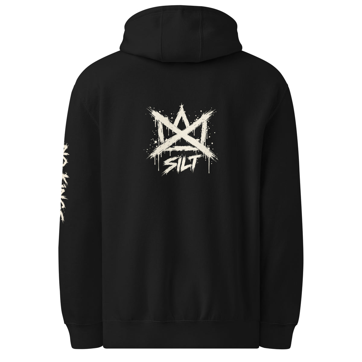 Casket Race Clothing No Kings Crossed Crown Hoodie – Back & Sleeve in black — product mockup