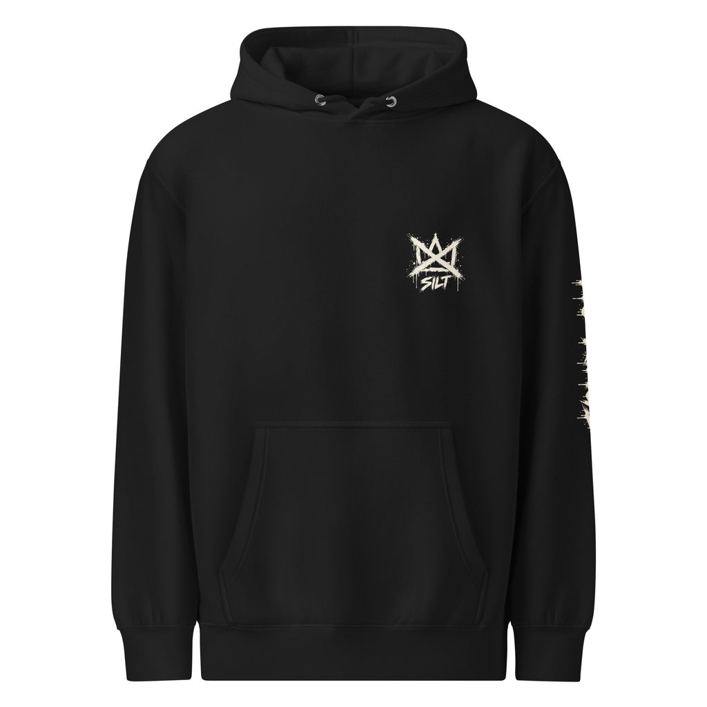 Casket Race Clothing No Kings Crossed Crown Hoodie – Back & Sleeve in black — product mockup
