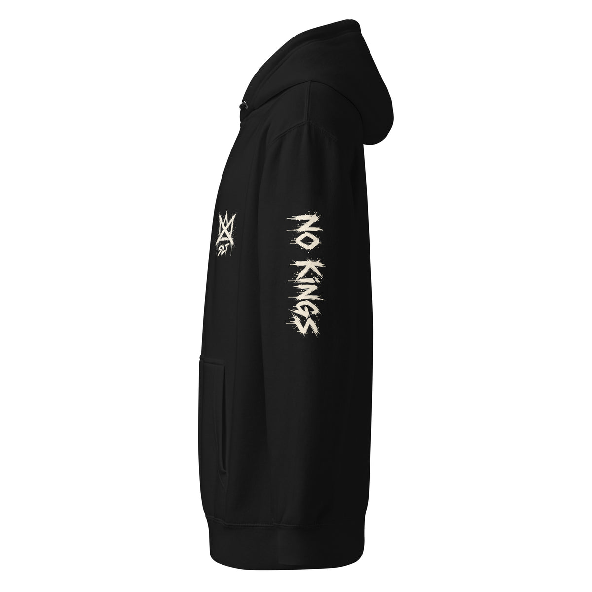 Casket Race Clothing No Kings Crossed Crown Hoodie – Back & Sleeve in black — product mockup